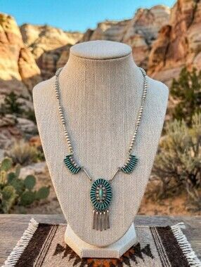Turquoise Fan Cluster Necklace - Blue/Green Sterling Style